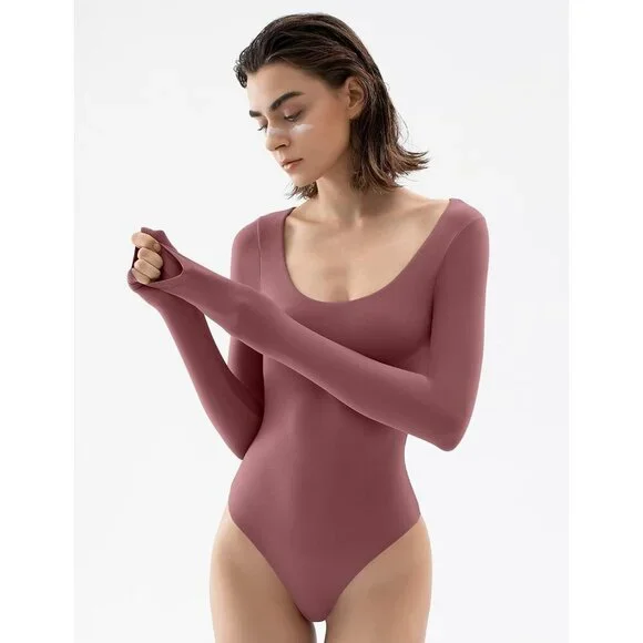 Women's 08 Marsala Scoop Neck Long Sleeve Bodysuit Body Sexy Tops Collection - Picture 2 of 4